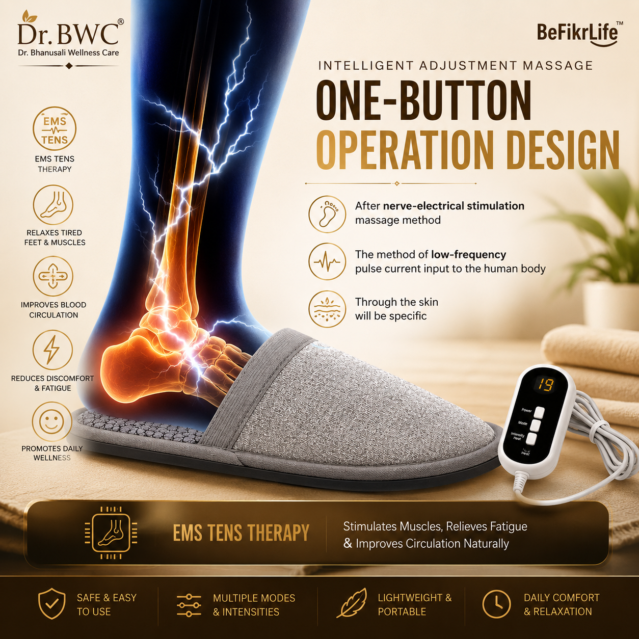 EMS Foot Massage Slippers for Men & Women | Rechargeable Electric Foot Massager with Adjustable Pulse Intensity & Multiple Massage Modes | Full Sole Relaxation Slippers for Home & Office