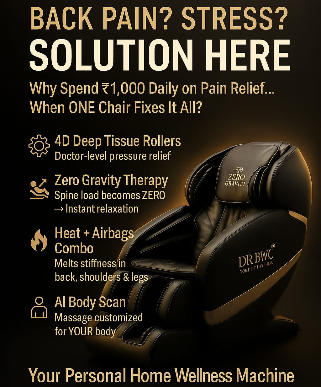 DR BWC® 4D AI Zero Gravity Full Body Massage Chair for Home & Office | SL Track | Air Compression | Heated Recliner with Bluetooth, Smart Touch Panel & Auto Modes (Black)