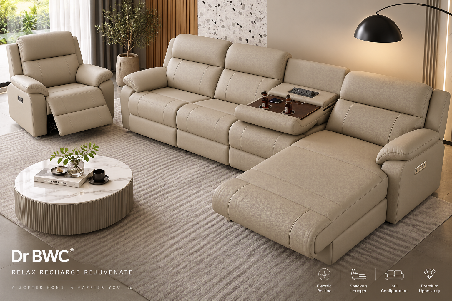 Dr BWC® Premium 3+1 Electric Recliner Sofa with Chaise Lounger | Luxury Power Reclining Sofa Set with Spacious Lounger, Centre Console, USB Charging & Premium Milk Coffee Upholstery | Living Room & Home Theatre Seating