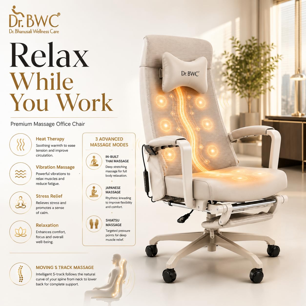 Executive Massage Office Chair | Moving Roller S-Track Massage | Neck to Lower Back Massage | Thai, Japanese & Shiatsu Modes | Hot Compress Therapy | Reclining Chair with Footrest