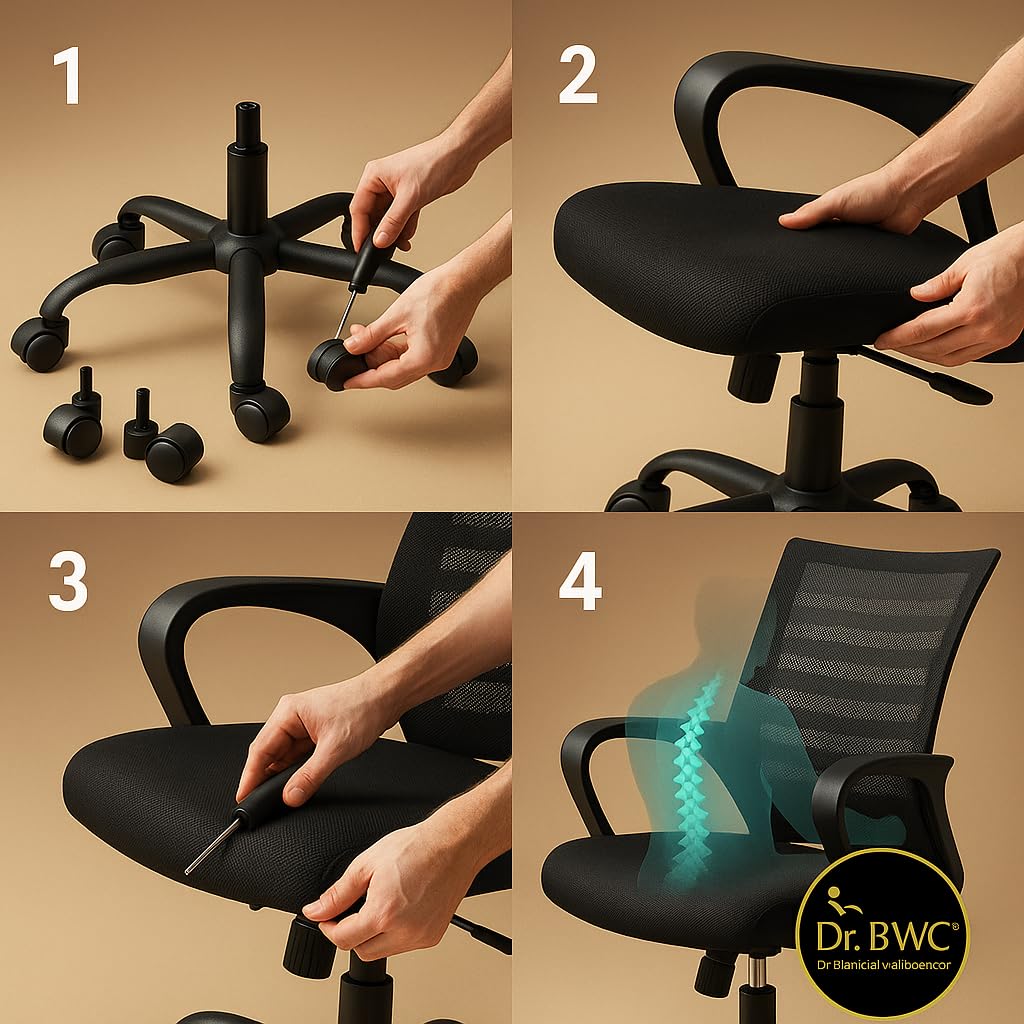 DR BWC® Mid Back Ergonomic Office Chair with Lumbar Support, Breathable Mesh, Adjustable Height & Armrests | Swivel Rolling Chair for Work from Home, Study & Desk Use (110kg Capacity)