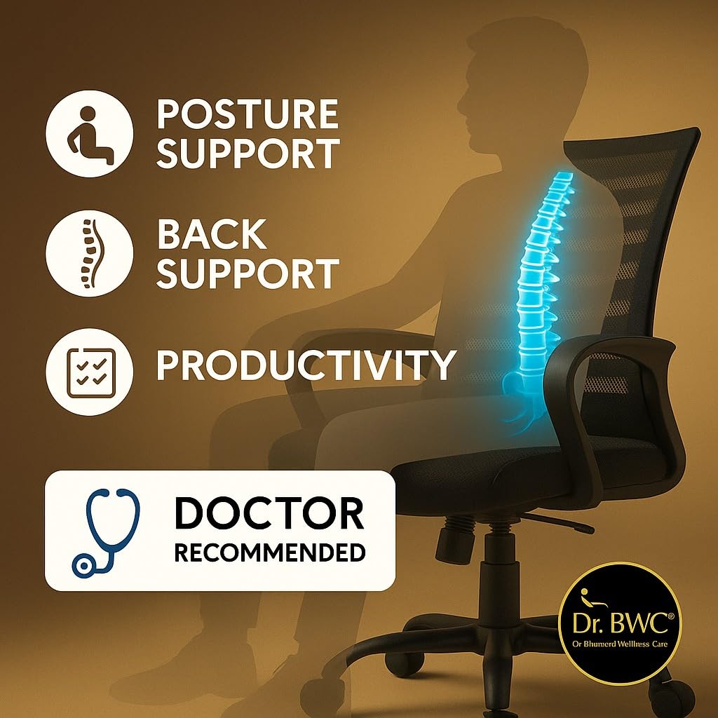 DR BWC® Mid Back Ergonomic Office Chair with Lumbar Support, Breathable Mesh, Adjustable Height & Armrests | Swivel Rolling Chair for Work from Home, Study & Desk Use (110kg Capacity)