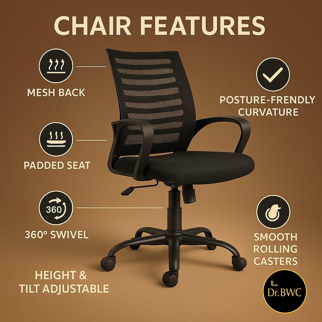 DR BWC® Mid Back Ergonomic Office Chair with Lumbar Support, Breathable Mesh, Adjustable Height & Armrests | Swivel Rolling Chair for Work from Home, Study & Desk Use (110kg Capacity)