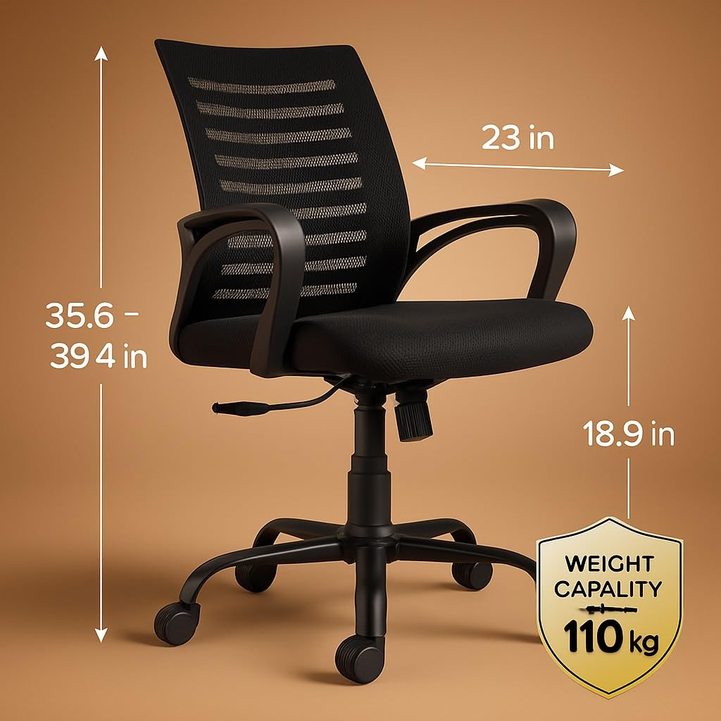 DR BWC® Mid Back Ergonomic Office Chair with Lumbar Support, Breathable Mesh, Adjustable Height & Armrests | Swivel Rolling Chair for Work from Home, Study & Desk Use (110kg Capacity)