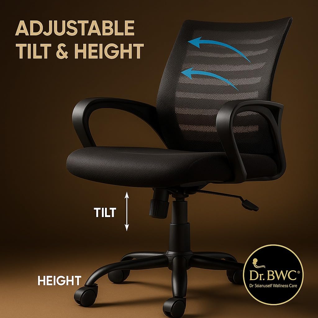 DR BWC® Mid Back Ergonomic Office Chair with Lumbar Support, Breathable Mesh, Adjustable Height & Armrests | Swivel Rolling Chair for Work from Home, Study & Desk Use (110kg Capacity)