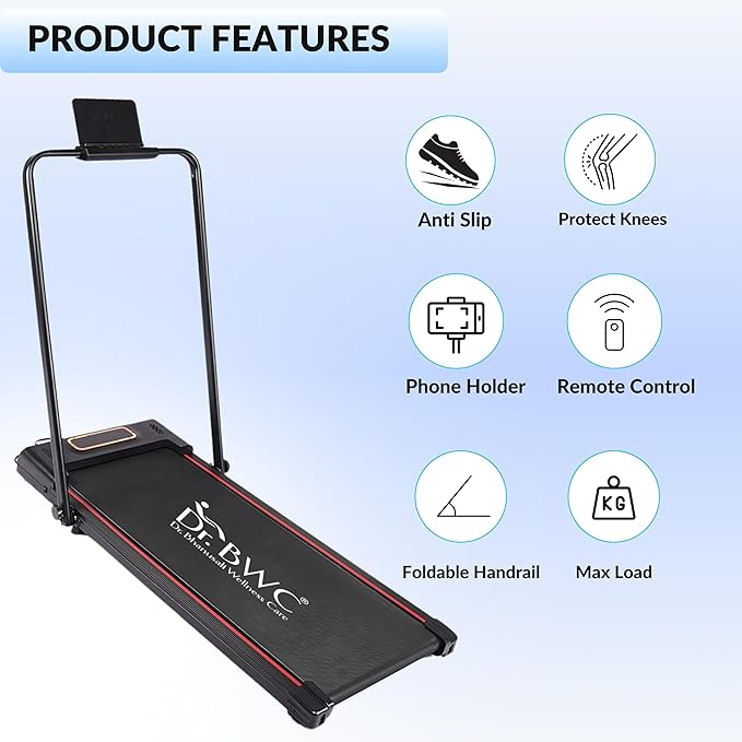 Dr BWC® Folding Treadmill, 124x57 cm Running Surface, Remote Control, Anti-Slip Belt, Phone Holder, Foldable Handrail