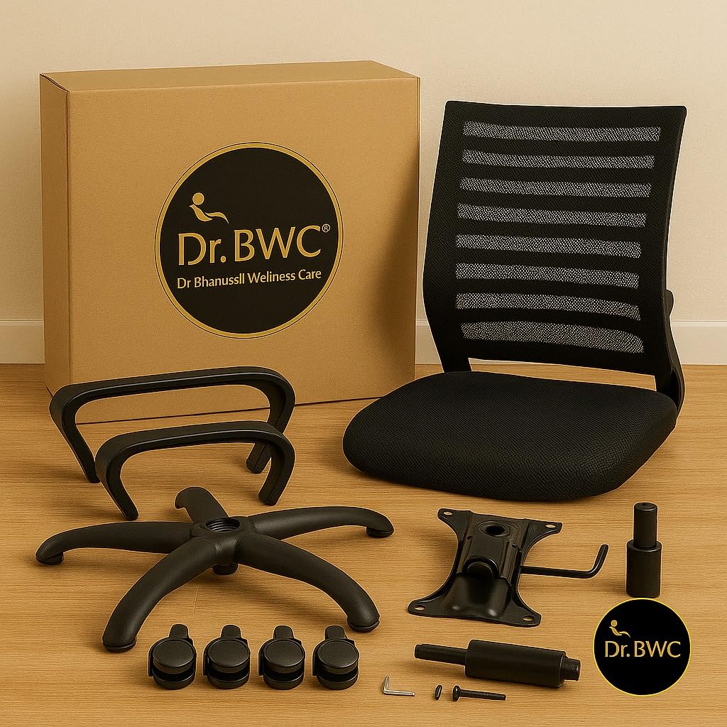 DR BWC® Mid Back Ergonomic Office Chair with Lumbar Support, Breathable Mesh, Adjustable Height & Armrests | Swivel Rolling Chair for Work from Home, Study & Desk Use (110kg Capacity)