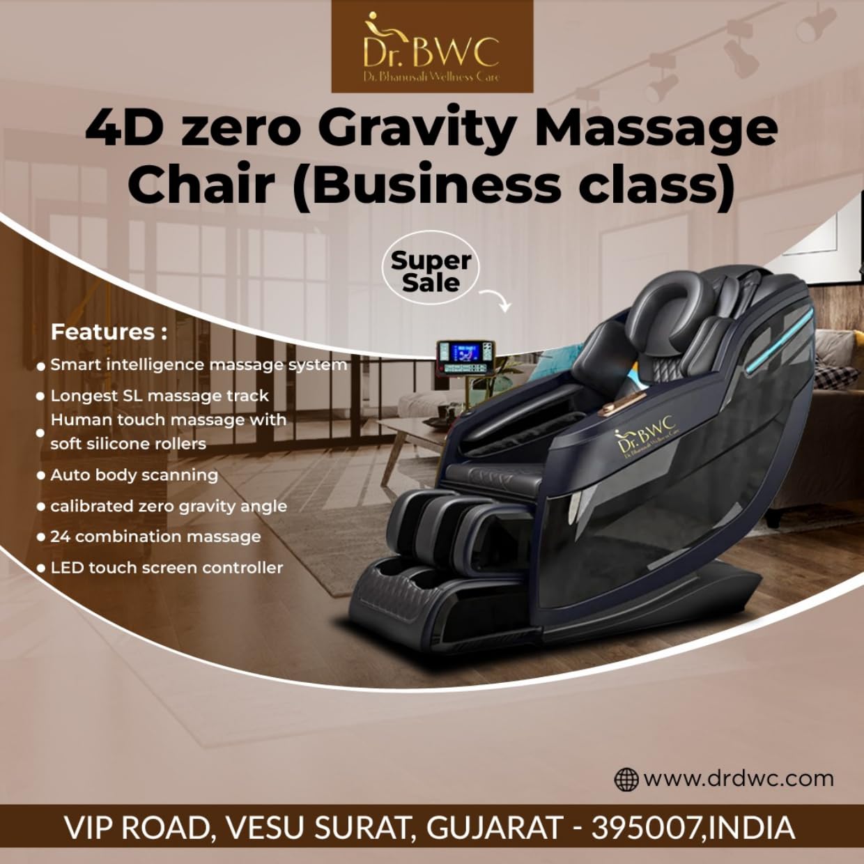 DR BWC® Business Class Fully Automatic Robotic 4D Zero Gravity Massage Chair Full Body Heating & Foot Massage Chair, Smart Touch Screen Remote Control | 18 Automatic Wellness Program |(Black Beauty)
