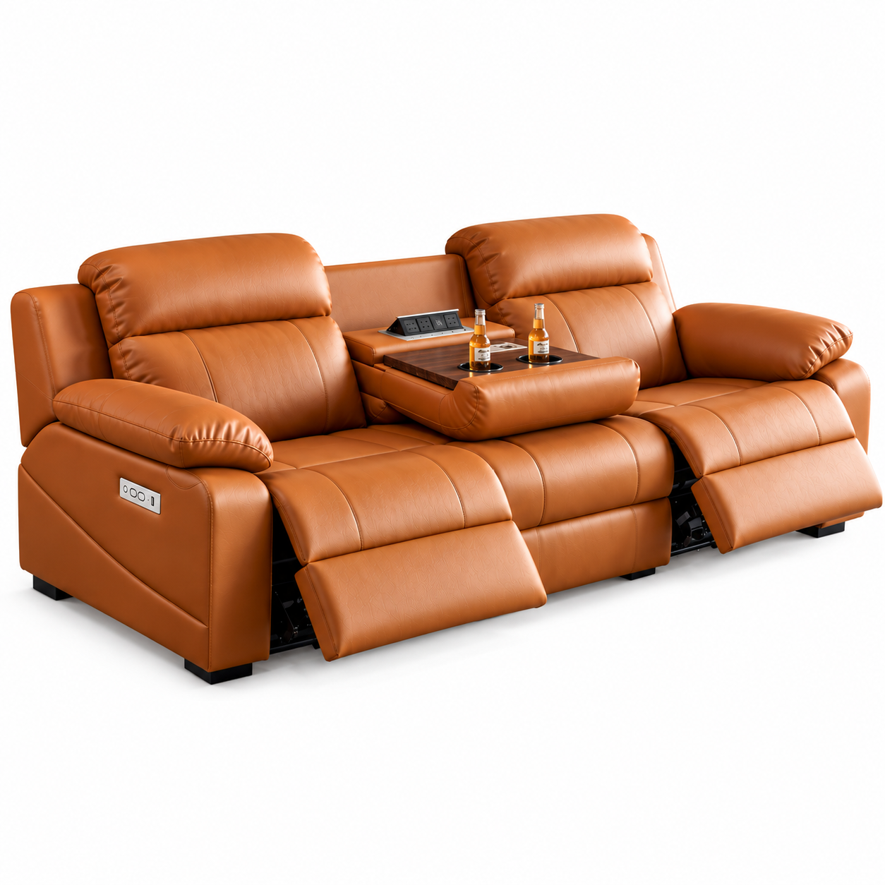 Dr BWC 3 Seater Motorized Recliner Sofa, Premium Electric Reclining Sofa with Flip-Down Center Console, Cup Holders & USB Charging, Water-Resistant Scratch-Resistant PU Leather, Luxury Living Room Sofa