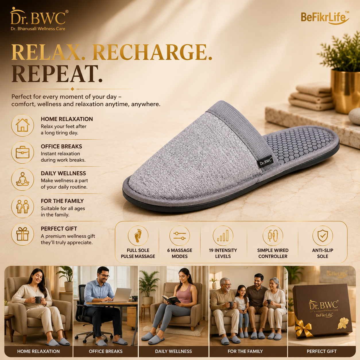 EMS Foot Massage Slippers for Men & Women | Rechargeable Electric Foot Massager with Adjustable Pulse Intensity & Multiple Massage Modes | Full Sole Relaxation Slippers for Home & Office