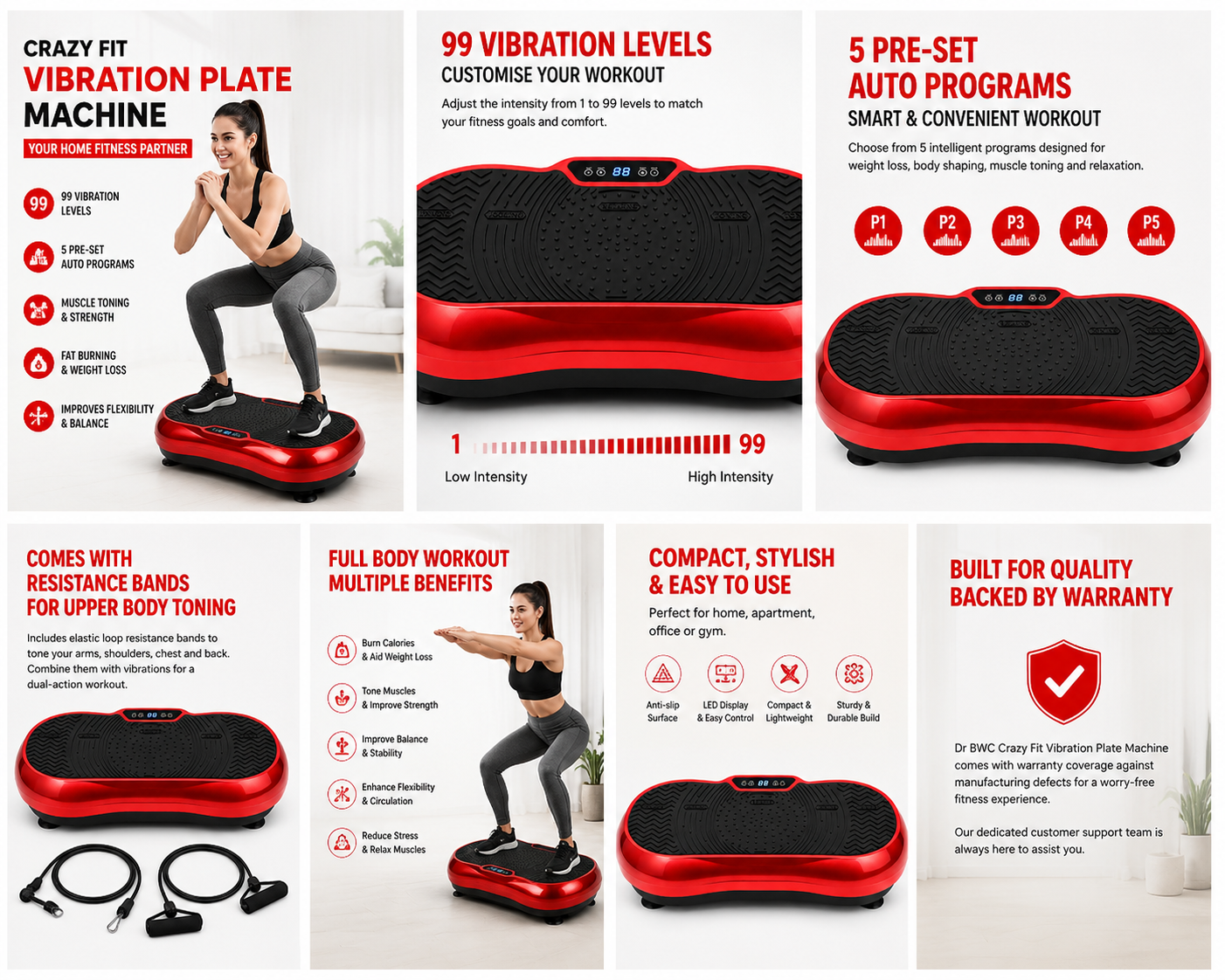 DR BWC Crazy Fit Vibration Plate Machine For Home |Vibration Plate For Women & Men | 99 Vibration Level | 5 Pre Set Auto Programme | Muscle Toning, Flexibility, Red