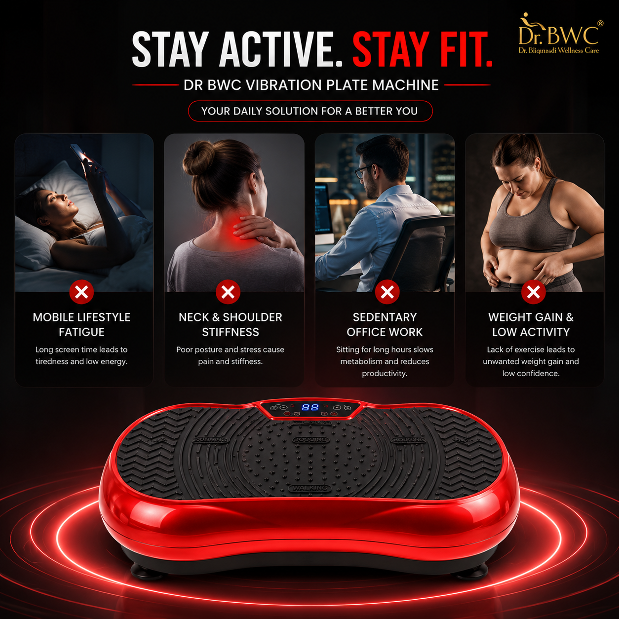 DR BWC Crazy Fit Vibration Plate Machine For Home |Vibration Plate For Women & Men | 99 Vibration Level | 5 Pre Set Auto Programme | Muscle Toning, Flexibility, Red
