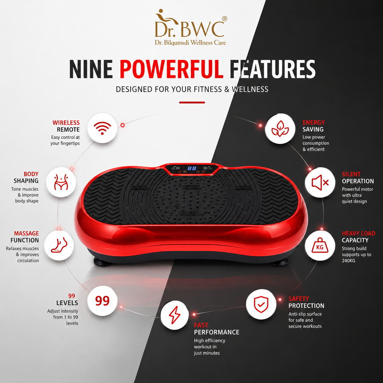 DR BWC Crazy Fit Vibration Plate Machine For Home |Vibration Plate For Women & Men | 99 Vibration Level | 5 Pre Set Auto Programme | Muscle Toning, Flexibility, Red