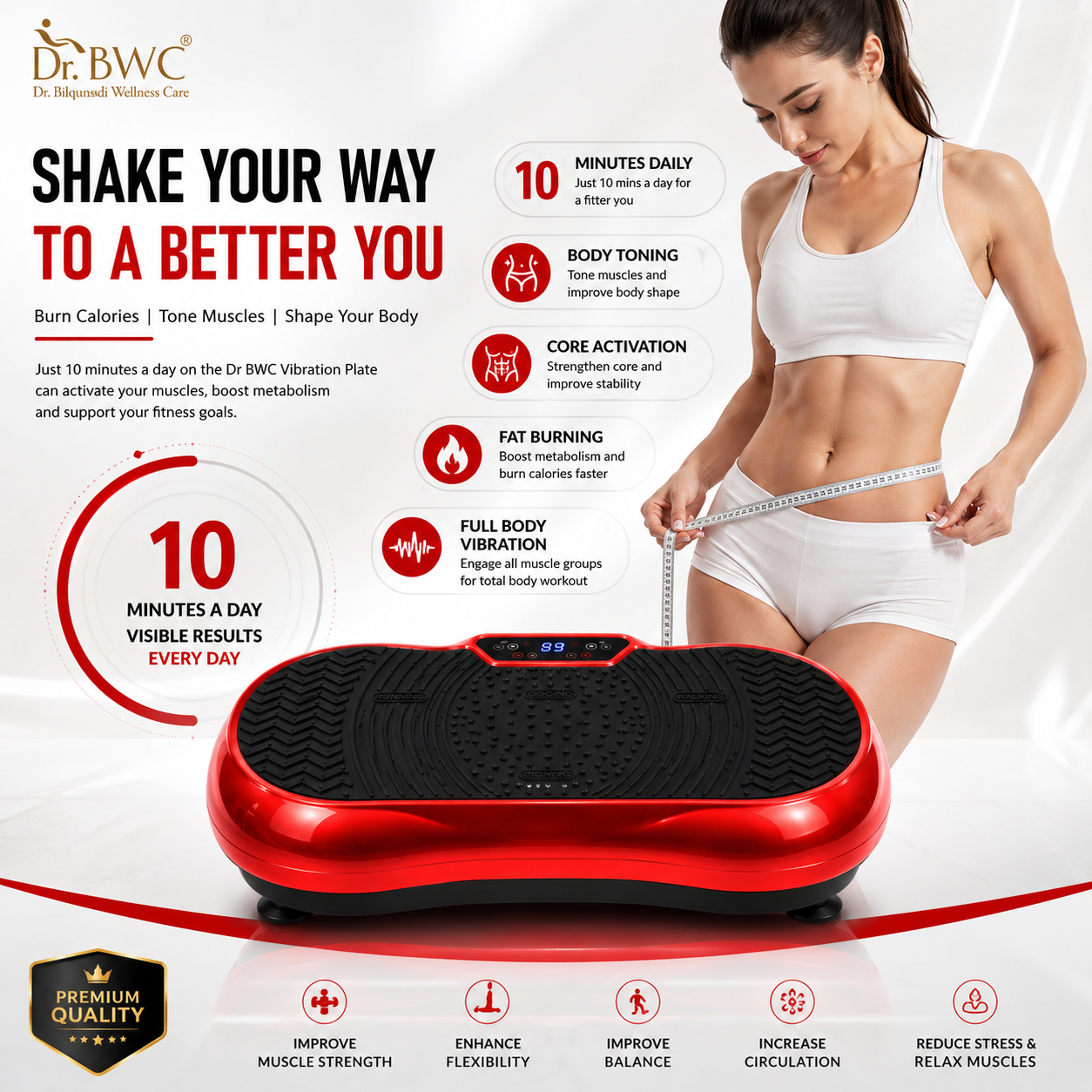 DR BWC Crazy Fit Vibration Plate Machine For Home |Vibration Plate For Women & Men | 99 Vibration Level | 5 Pre Set Auto Programme | Muscle Toning, Flexibility, Red