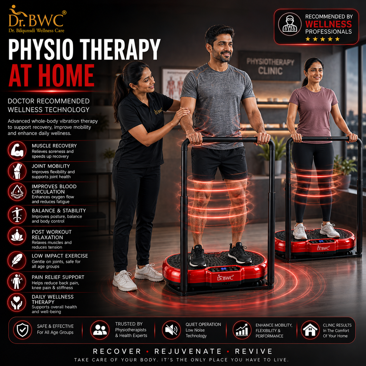 DR BWC Crazy Fit Vibration Plate Machine For Home |Vibration Plate For Women & Men | 99 Vibration Level | 5 Pre Set Auto Programme | Muscle Toning, Flexibility, Red