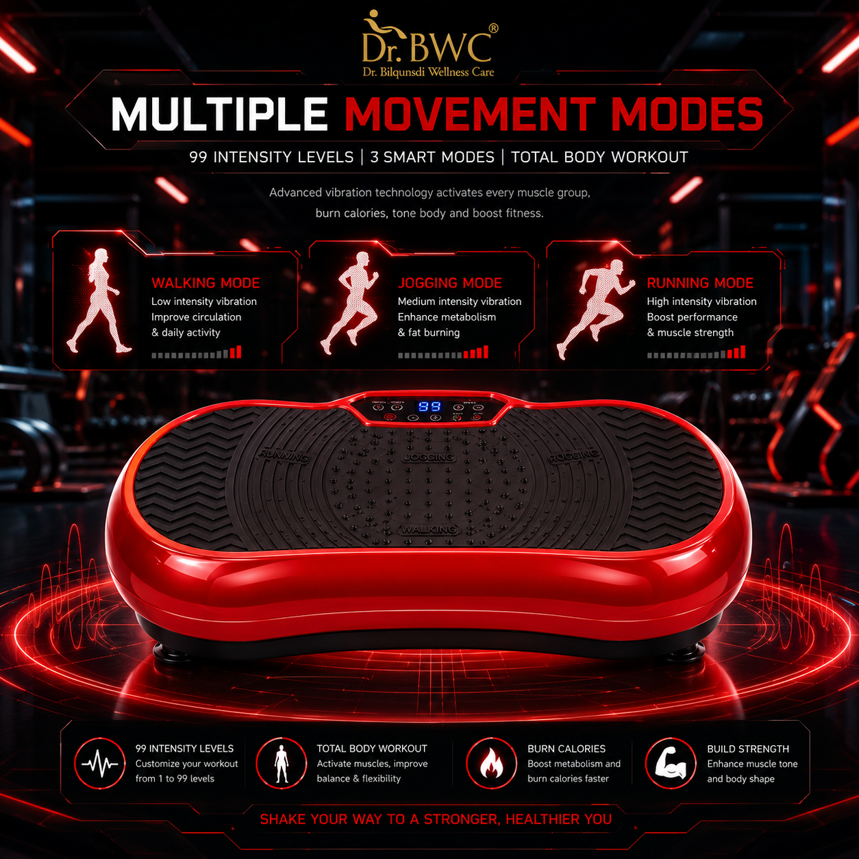 DR BWC Crazy Fit Vibration Plate Machine For Home |Vibration Plate For Women & Men | 99 Vibration Level | 5 Pre Set Auto Programme | Muscle Toning, Flexibility, Red