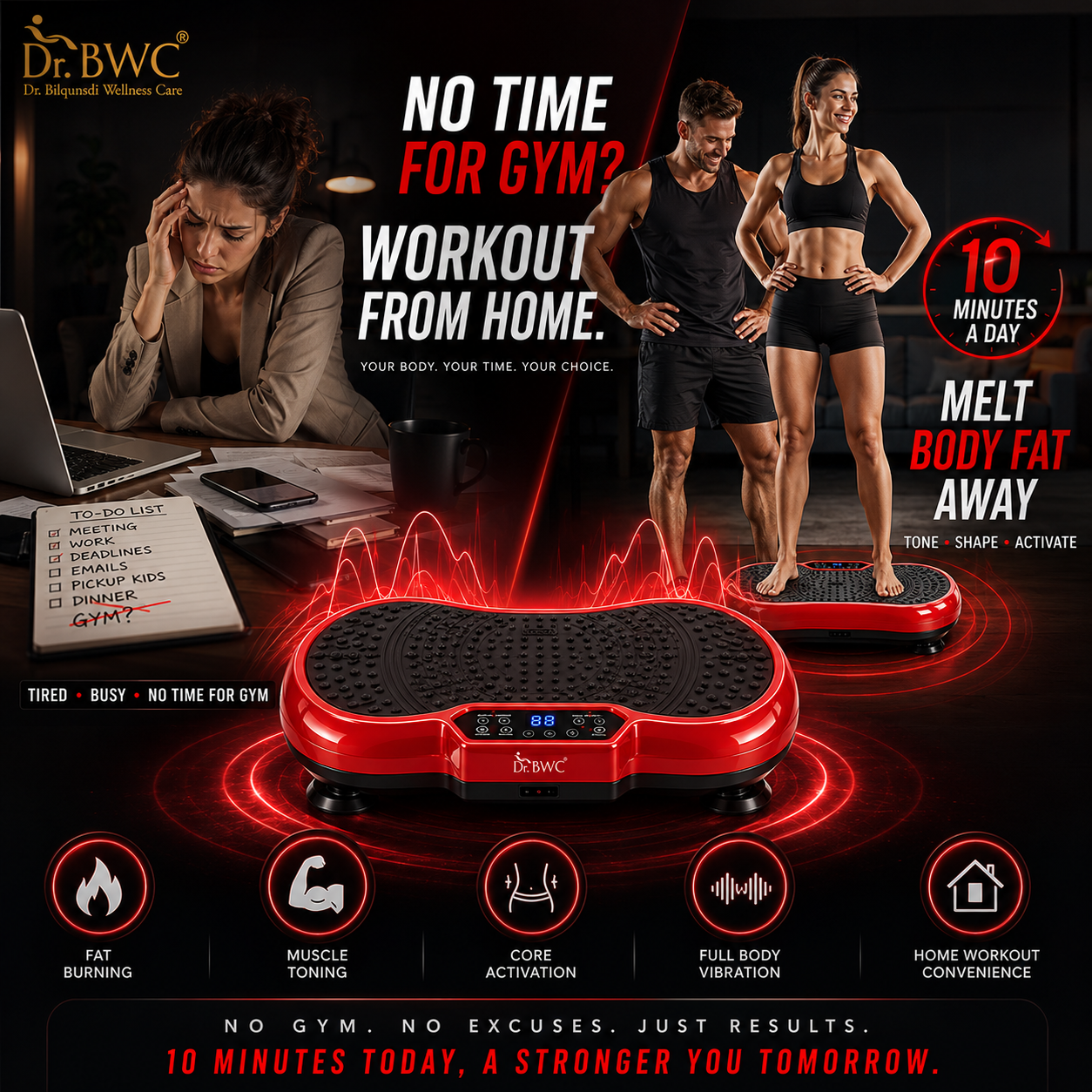 DR BWC Crazy Fit Vibration Plate Machine For Home |Vibration Plate For Women & Men | 99 Vibration Level | 5 Pre Set Auto Programme | Muscle Toning, Flexibility, Red