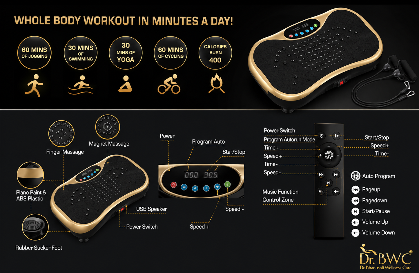 Dr BWC® Crazy Fit Vibration Plate home Workouts | Whole Body Vibration Machine for Home & Gym |  Resistance Bands & 99 Speed Levels |