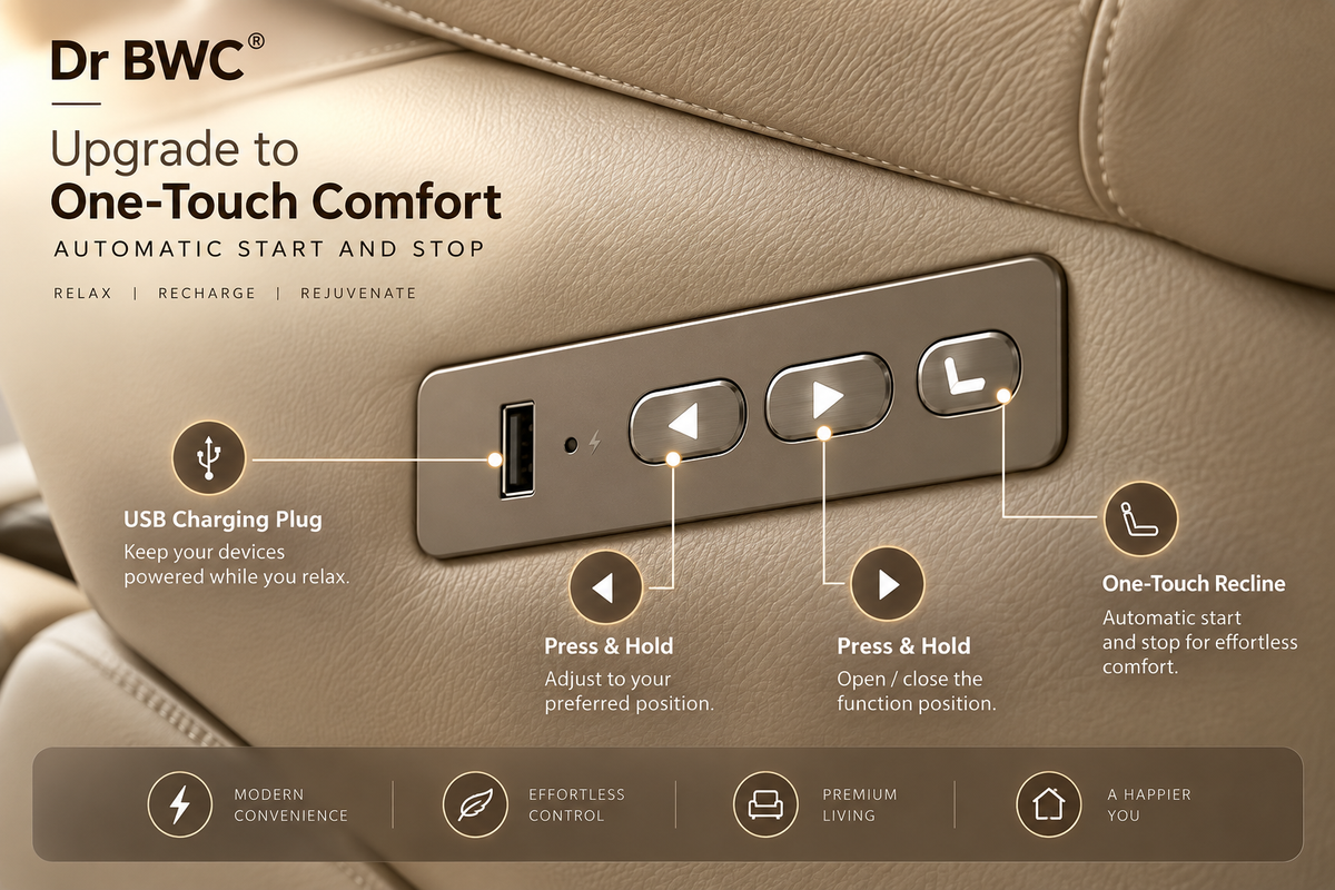 Dr BWC® Premium 3+1 Electric Recliner Sofa with Chaise Lounger | Luxury Power Reclining Sofa Set with Spacious Lounger, Centre Console, USB Charging & Premium Milk Coffee Upholstery | Living Room & Home Theatre Seating