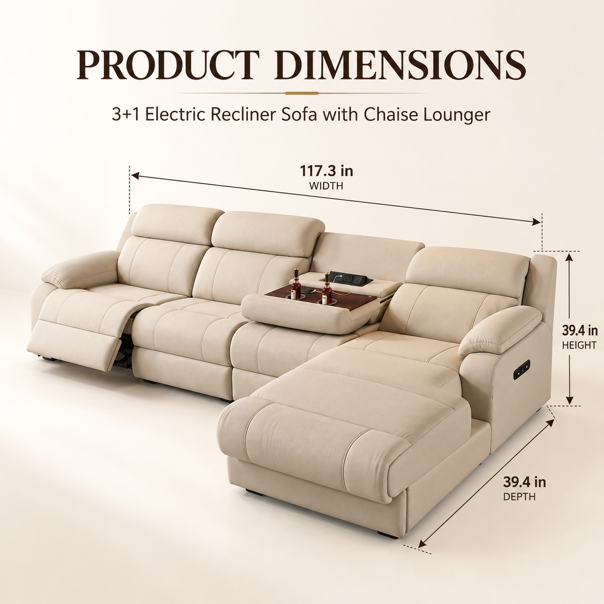 Dr BWC® Premium 3+1 Electric Recliner Sofa with Chaise Lounger | Luxury Power Reclining Sofa Set with Spacious Lounger, Centre Console, USB Charging & Premium Milk Coffee Upholstery | Living Room & Home Theatre Seating