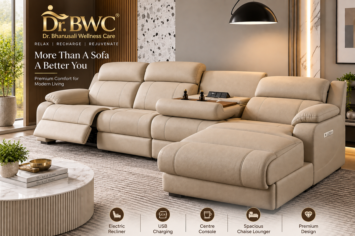 Dr BWC® Premium 3+1 Electric Recliner Sofa with Chaise Lounger | Luxury Power Reclining Sofa Set with Spacious Lounger, Centre Console, USB Charging & Premium Milk Coffee Upholstery | Living Room & Home Theatre Seating