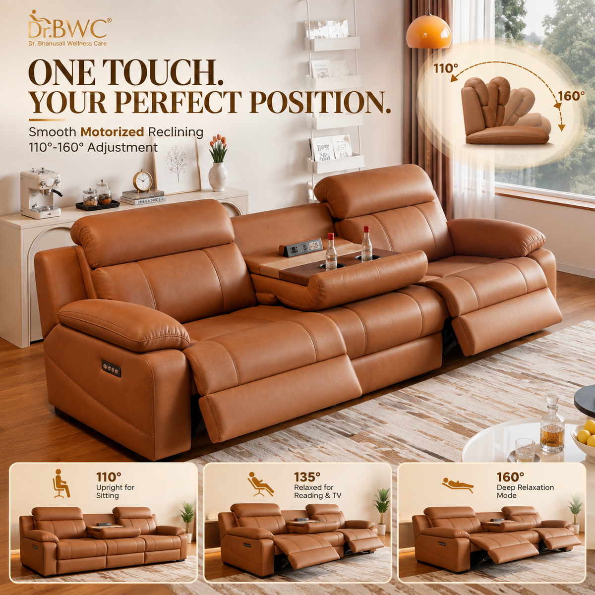Dr BWC 3 Seater Motorized Recliner Sofa, Premium Electric Reclining Sofa with Flip-Down Center Console, Cup Holders & USB Charging, Water-Resistant Scratch-Resistant PU Leather, Luxury Living Room Sofa