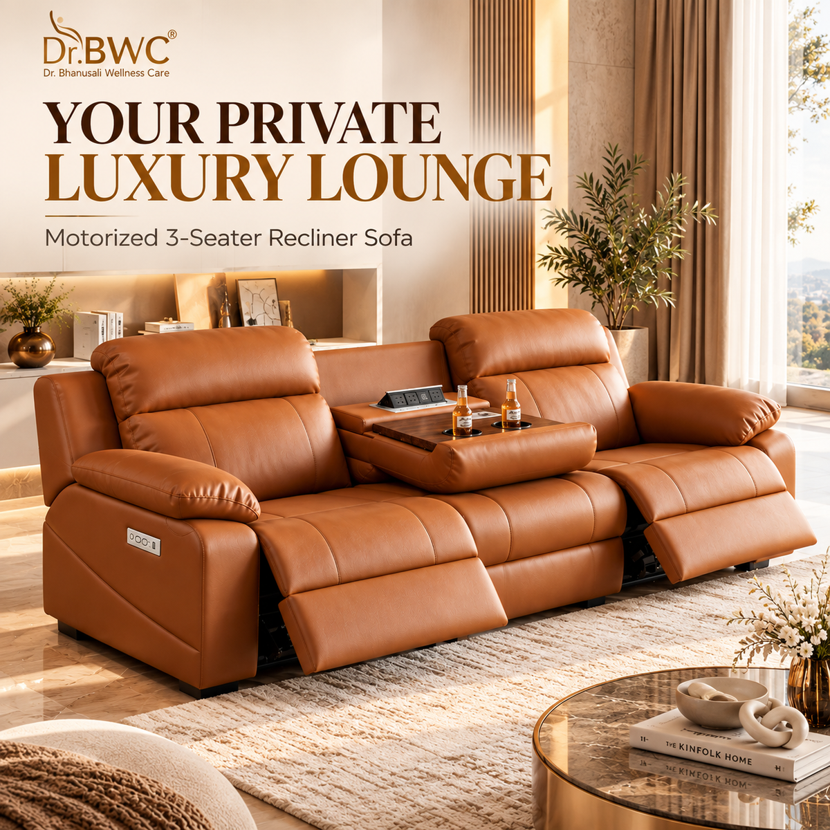 Dr BWC 3 Seater Motorized Recliner Sofa, Premium Electric Reclining Sofa with Flip-Down Center Console, Cup Holders & USB Charging, Water-Resistant Scratch-Resistant PU Leather, Luxury Living Room Sofa