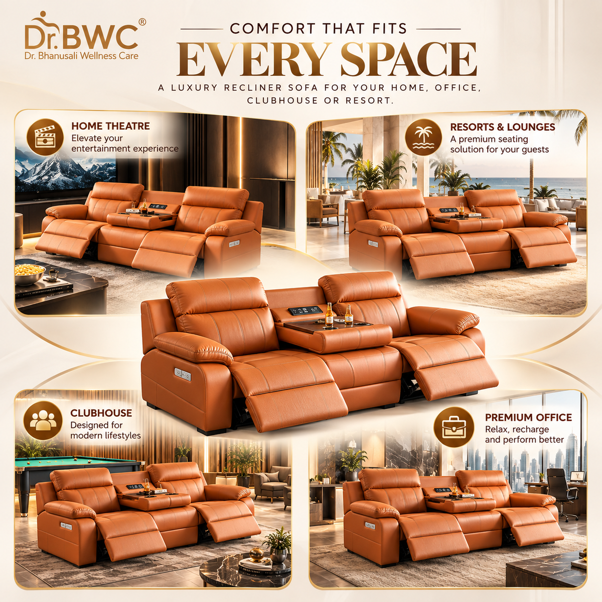 Dr BWC 3 Seater Motorized Recliner Sofa, Premium Electric Reclining Sofa with Flip-Down Center Console, Cup Holders & USB Charging, Water-Resistant Scratch-Resistant PU Leather, Luxury Living Room Sofa