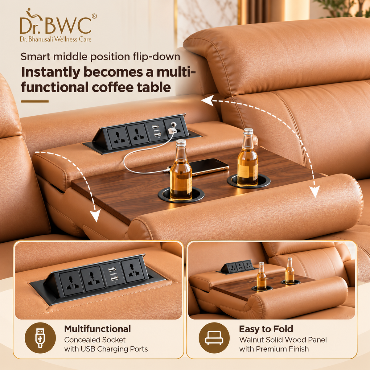 Dr BWC 3 Seater Motorized Recliner Sofa, Premium Electric Reclining Sofa with Flip-Down Center Console, Cup Holders & USB Charging, Water-Resistant Scratch-Resistant PU Leather, Luxury Living Room Sofa