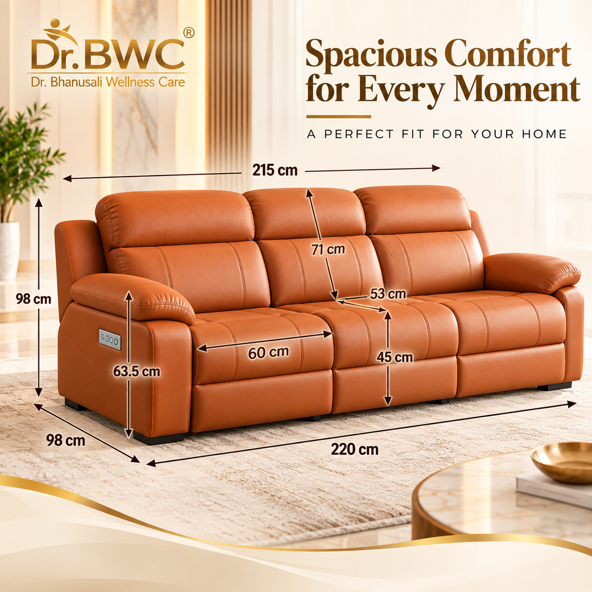 Dr BWC 3 Seater Motorized Recliner Sofa, Premium Electric Reclining Sofa with Flip-Down Center Console, Cup Holders & USB Charging, Water-Resistant Scratch-Resistant PU Leather, Luxury Living Room Sofa