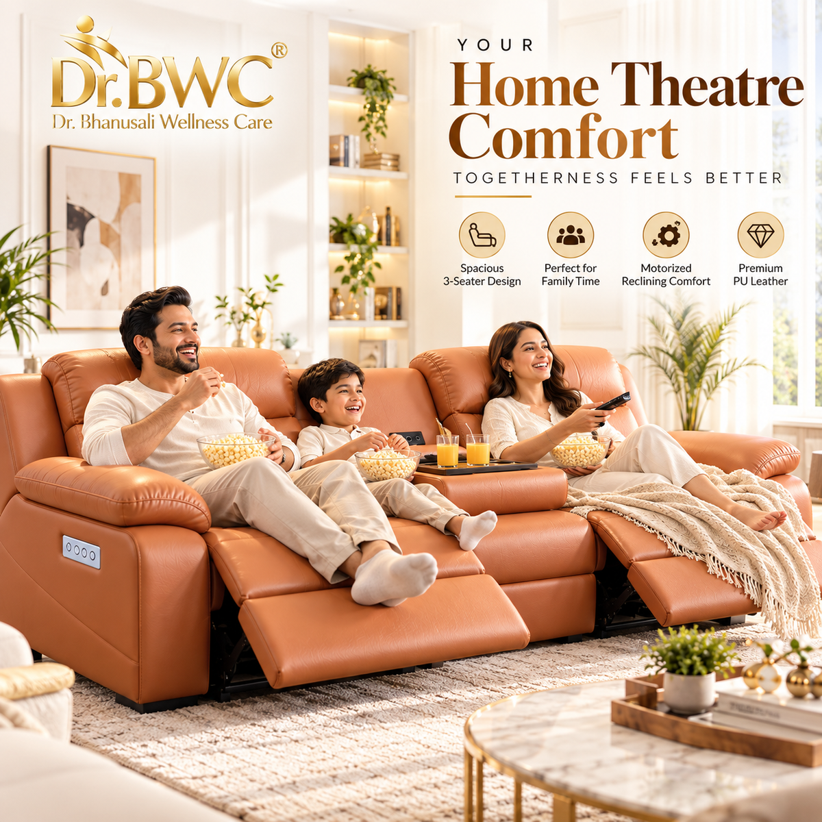 Dr BWC 3 Seater Motorized Recliner Sofa, Premium Electric Reclining Sofa with Flip-Down Center Console, Cup Holders & USB Charging, Water-Resistant Scratch-Resistant PU Leather, Luxury Living Room Sofa